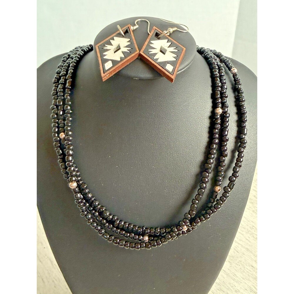 Retired Silpada 925 Black Onyx Beaded 3 Strands Layered Necklace & Boho Earrings